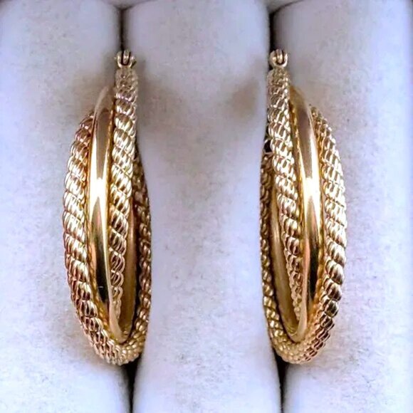 Vintage LARGE 14K Yellow Gold Twisted Rope Triple Circle Hoop Pierced Earrings - Picture 2 of 6